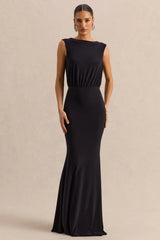 Elicette | Black Round-Neck Maxi Dress With Open-Back And Bow-Detail