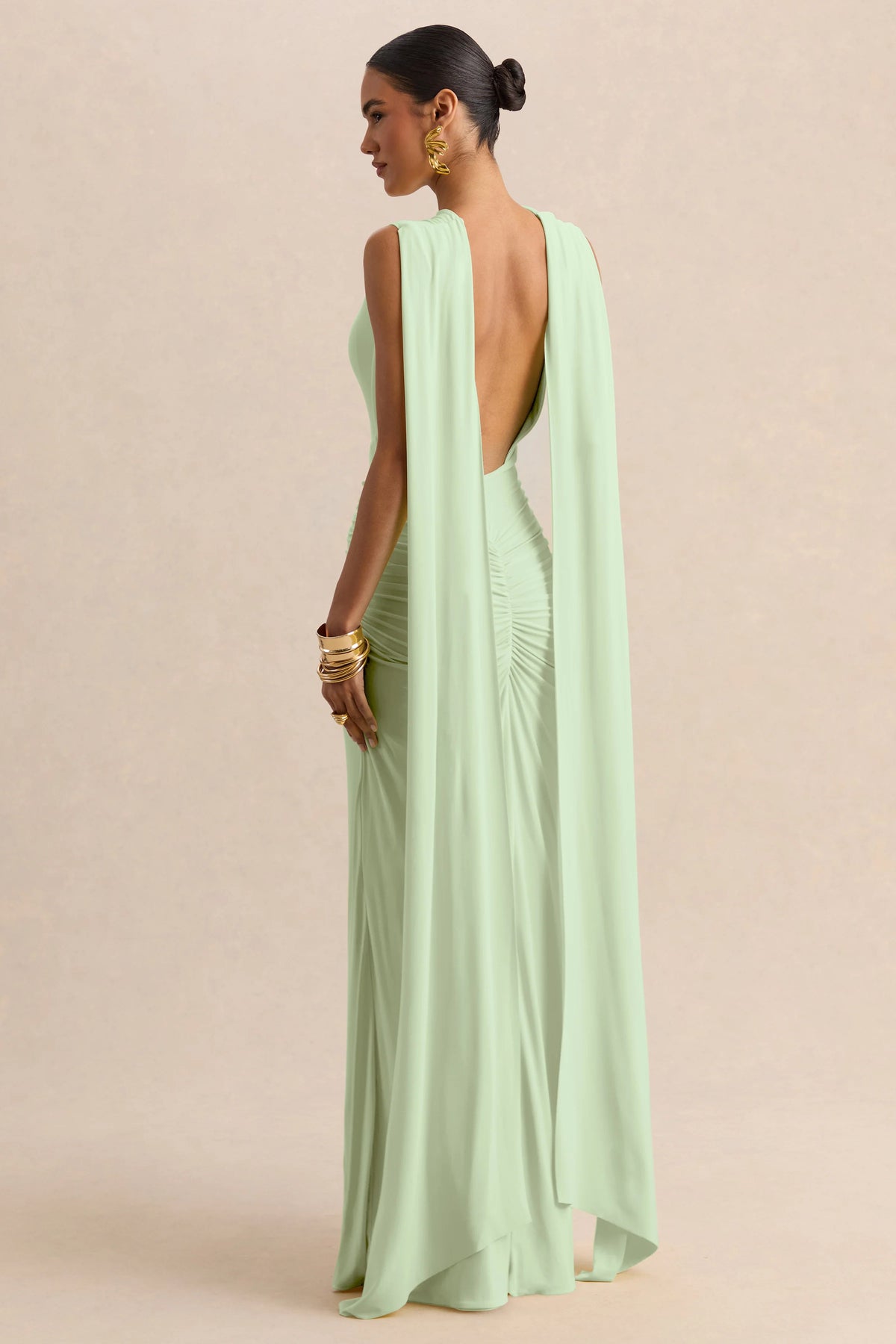 Premiere | Mint Boat-Neck Maxi Dress With Cape-Sleeves And Open-Back