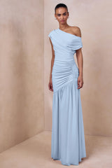 Kady | Powder Blue Asymmetric-Neck Maxi Dress With Ruched Detailing