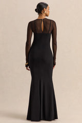 Coralia | Black Asymmetric-Neck Maxi Dress With Mesh Long-Sleeves