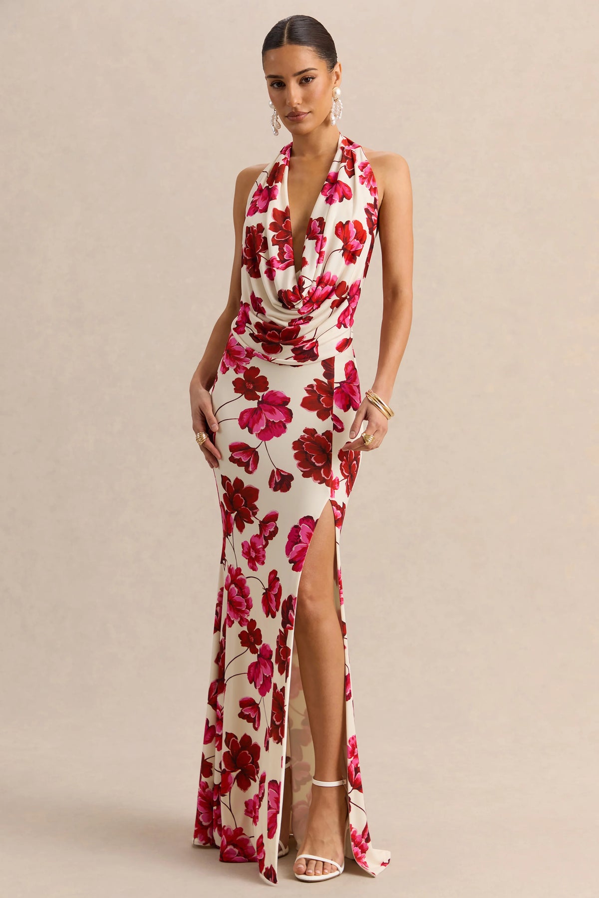 Flossie | Cream And Pink Floral Print Plunge-Neck Maxi Dress