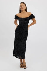 Black Maxi Dress Puff Sleeve Burn Out