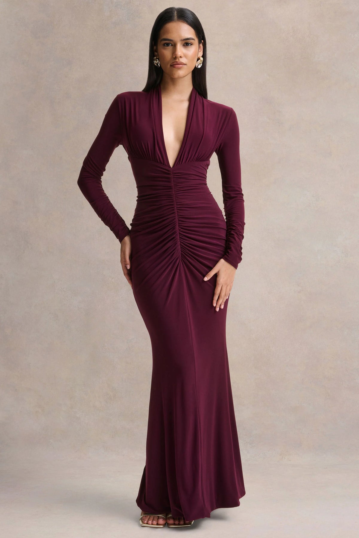 Tami | Plum Plunge-Neck Long Sleeve Maxi Dress