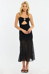 Black Midi Dress Cut Out Mesh