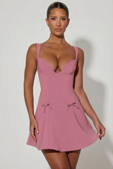 Bow-Detail A-Line Mini Dress in Dusty Pink