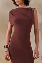 Blaire | Brown Asymmetric-Neck Maxi Dress With Gold-Detailing