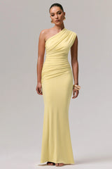 Mardi | Lemon Asymmetric Maxi Dress With Ruching