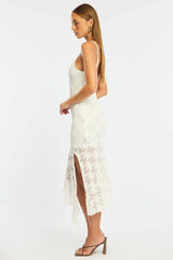 White Midi Dress Asymmetric Hem Lace