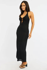 Black Maxi Dress Beading Trim Textured Fabric