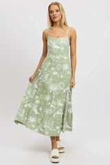 Green Abstract Maxi Dress Tiered Strappy