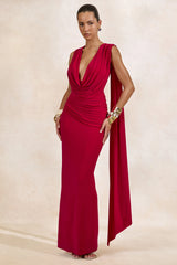 Aralyn | Red Plunge Cowl-Neck Maxi Dress With Sash Detail