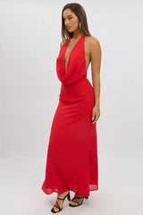 Red Cowl Neck Maxi Dress Chiffon