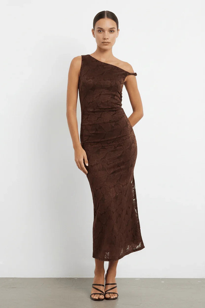 Brown Off Shoulder Midi Dress