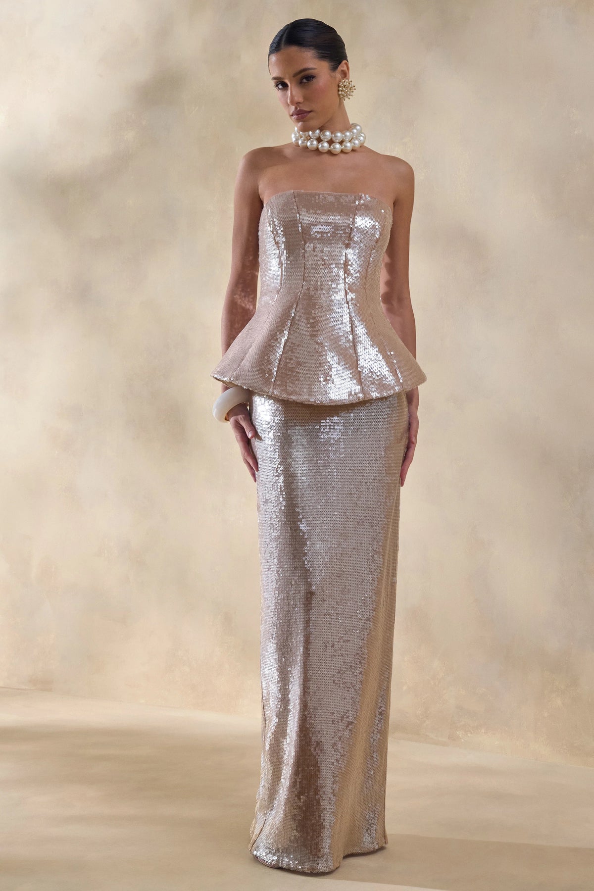 Dalisse | Nude Sequin Bandeau Corset Maxi Dress