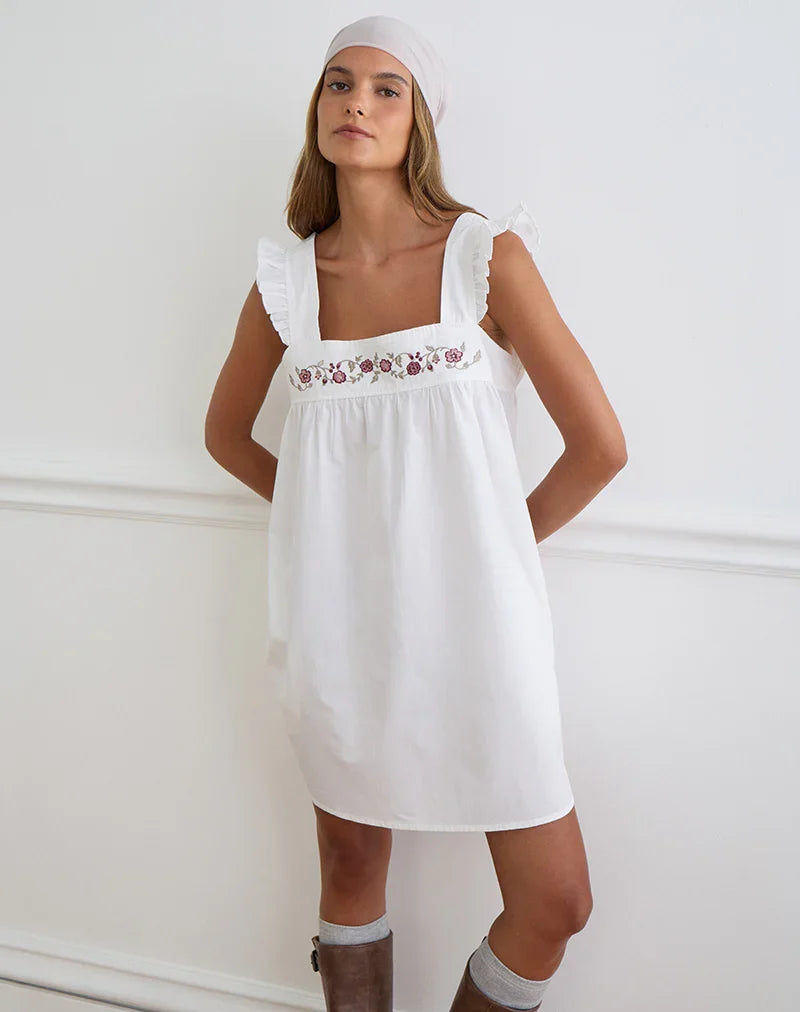 Sanaly Mini Dress in Poplin White with Cherry Blossom Embroidery