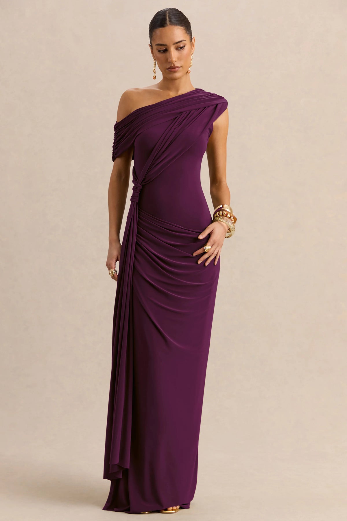 Avialee | Dark Plum Asymmetric-Neck Maxi Dress With Gathered-Detailing And Sash