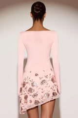 Embellished Appliqué Asymmetric Mini Dress in Pink