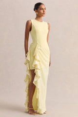 Ada | Lemon Crew-Neck Maxi Dress With Sheer Skirt And Ruffled Detailing
