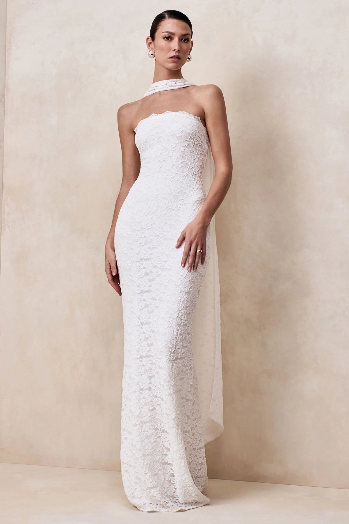Massima | White Lace Bandeau Maxi Dress With Scarf-Detail