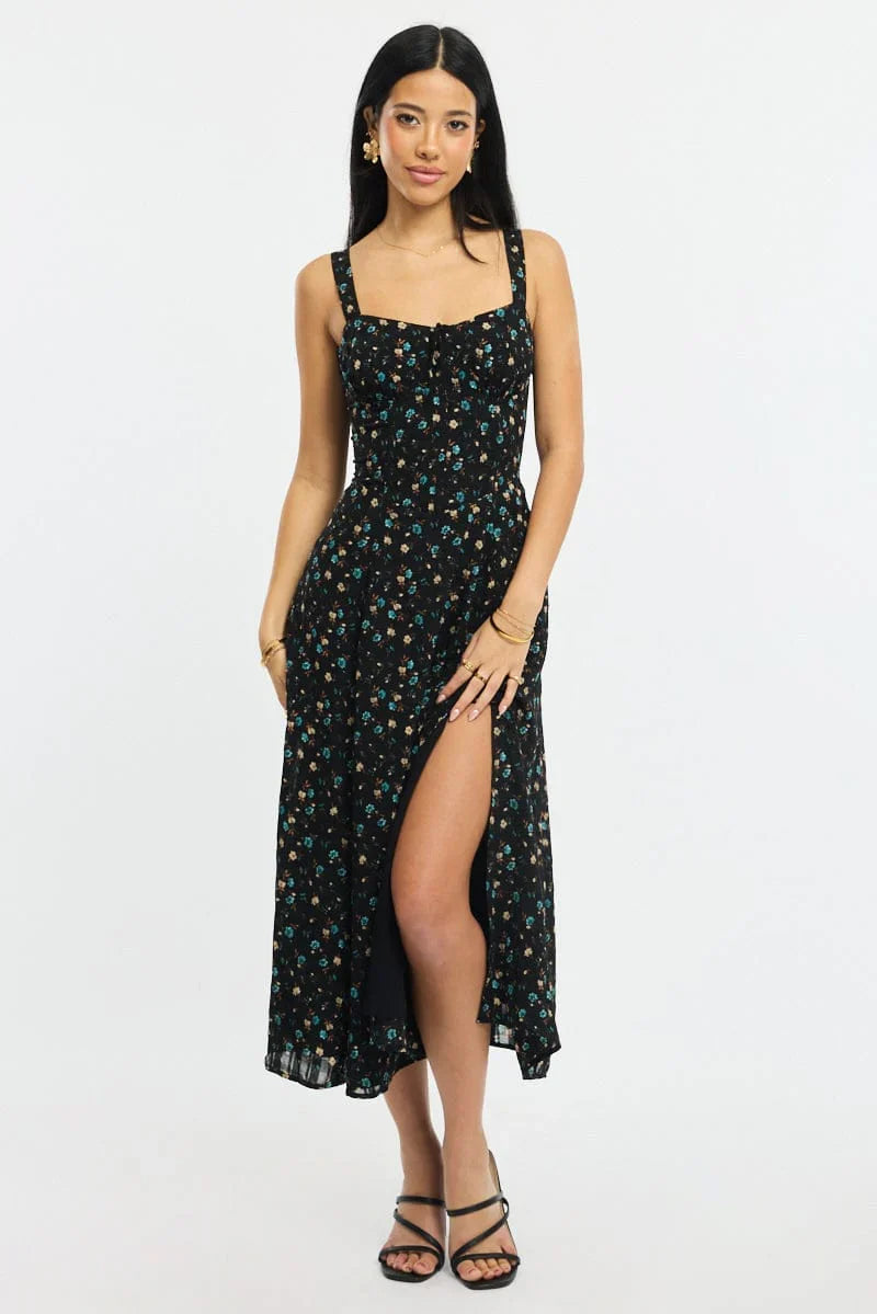 Black Ditsy Midi Dress Gathered Bust