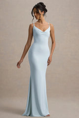 Francoise | Light Blue Cowl Neck Backless Maxi Dress With Lace Insert