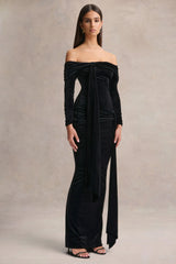 Jessara | Black Bardot-Neck Maxi Dress With Knot-Details
