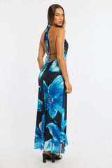 Blue Floral Midi Dress Halter Neck Mesh