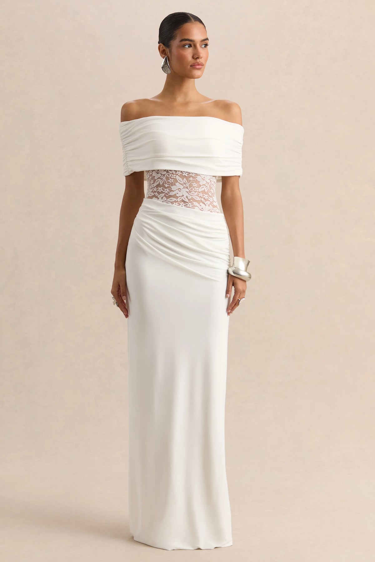 Forsya | White Bardot-Neck Maxi Dress With Lace-Detailing