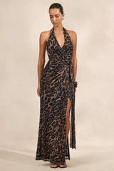 Anwen | Leopard Print Mesh V-Neck Maxi Dress With Front High Split
