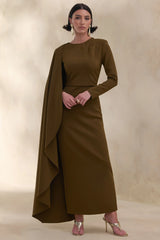 Jovea | Olive Round-Neck Maxi Dress With Cape-Sleeve