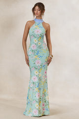 Inarah | Mint Floral Print High-Neck Maxi Dress With Scarf Detail