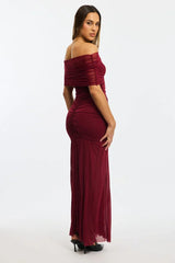 Red Off Shoulder Maxi Dress Mesh