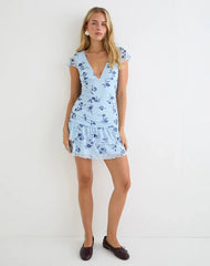 Mowgli Cap Sleeve Mini Dress in Thin Leafy Blue