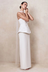 Naira | White Satin Bandeau Corset Maxi Dress With Sheer Scarf
