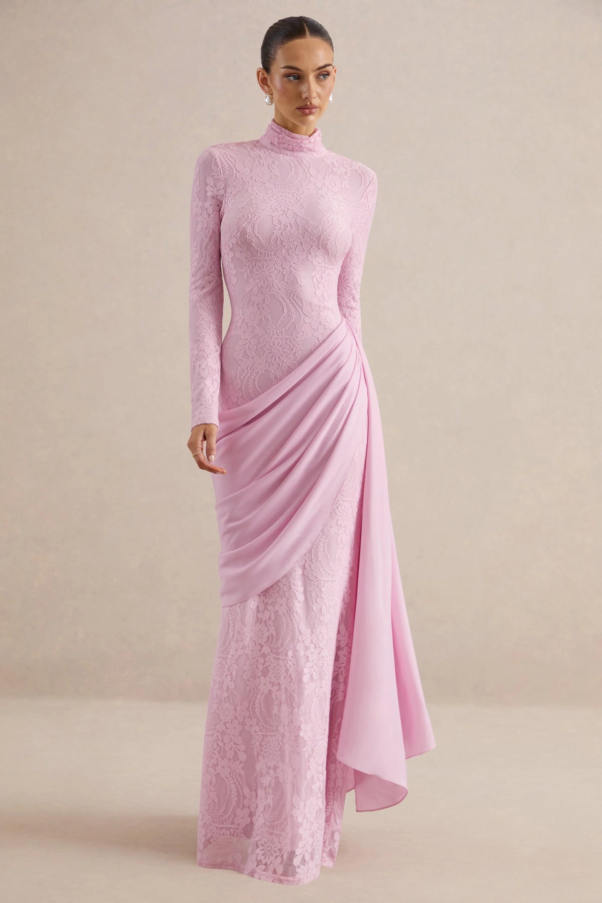 Enestra | Pink High-Neck Lace Maxi-Dress With Draped-Skirt