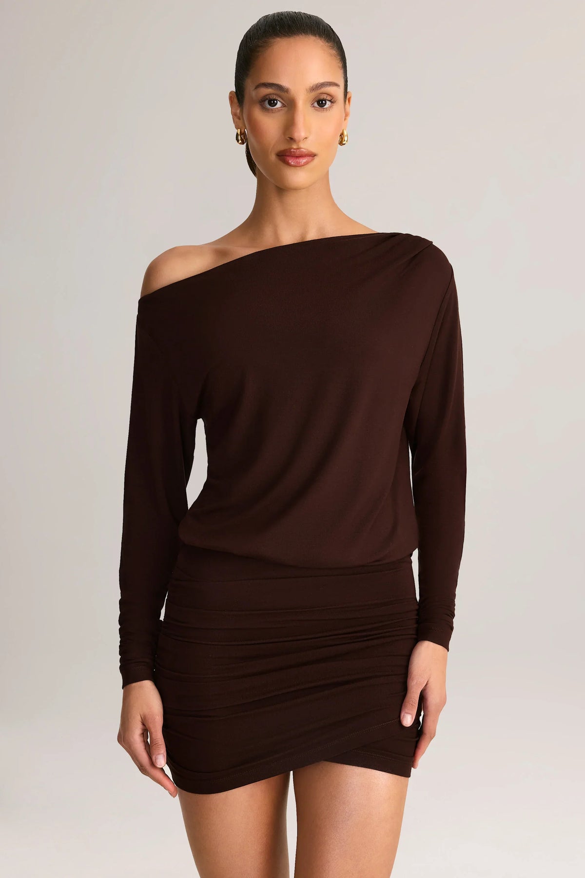 Modal Off-Shoulder Wrap Mini Dress in Chocolate Brown