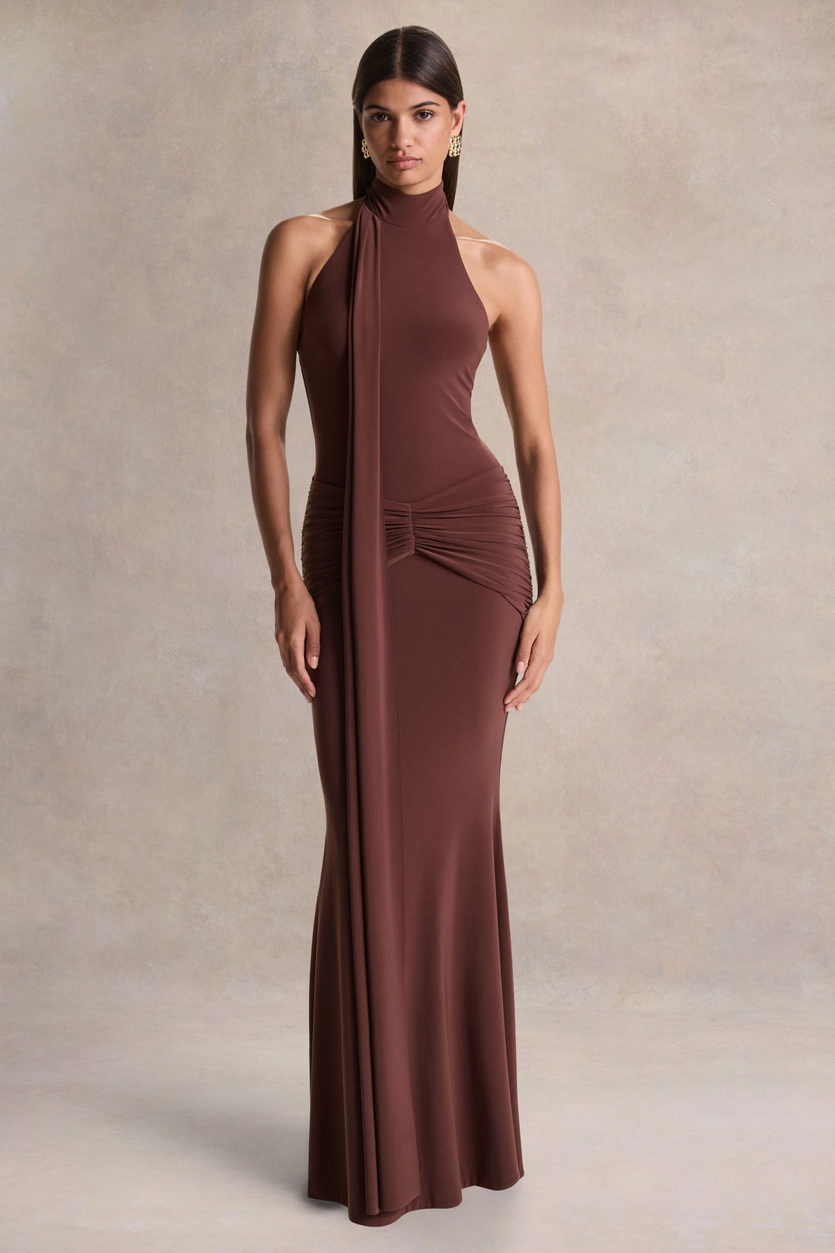 Hyla | Brown High-Neck Maxi Dress With Sash-Detail