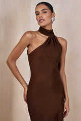 Cara | Brown Matte Satin High-Neck Maxi Dress