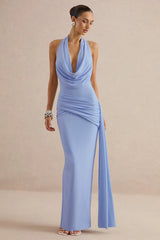 Maude | Light Blue Halter-Neck Draped Maxi Dress With Sash