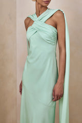 Sloane | Mint Matte Satin Halter-Neck Maxi Dress With Cape