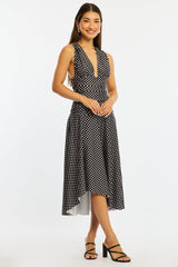 Black Polka Dot Midi Dress Hanky Hem