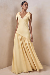 Cala | Lemon Matte Satin Plunge-Neck Maxi Dress With Bow-Sleeves