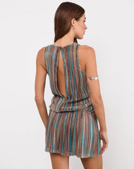 Jhani Mini Dress in Shimmer Plisse Blue and Brown