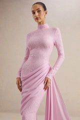 Enestra | Pink High-Neck Lace Maxi-Dress With Draped-Skirt