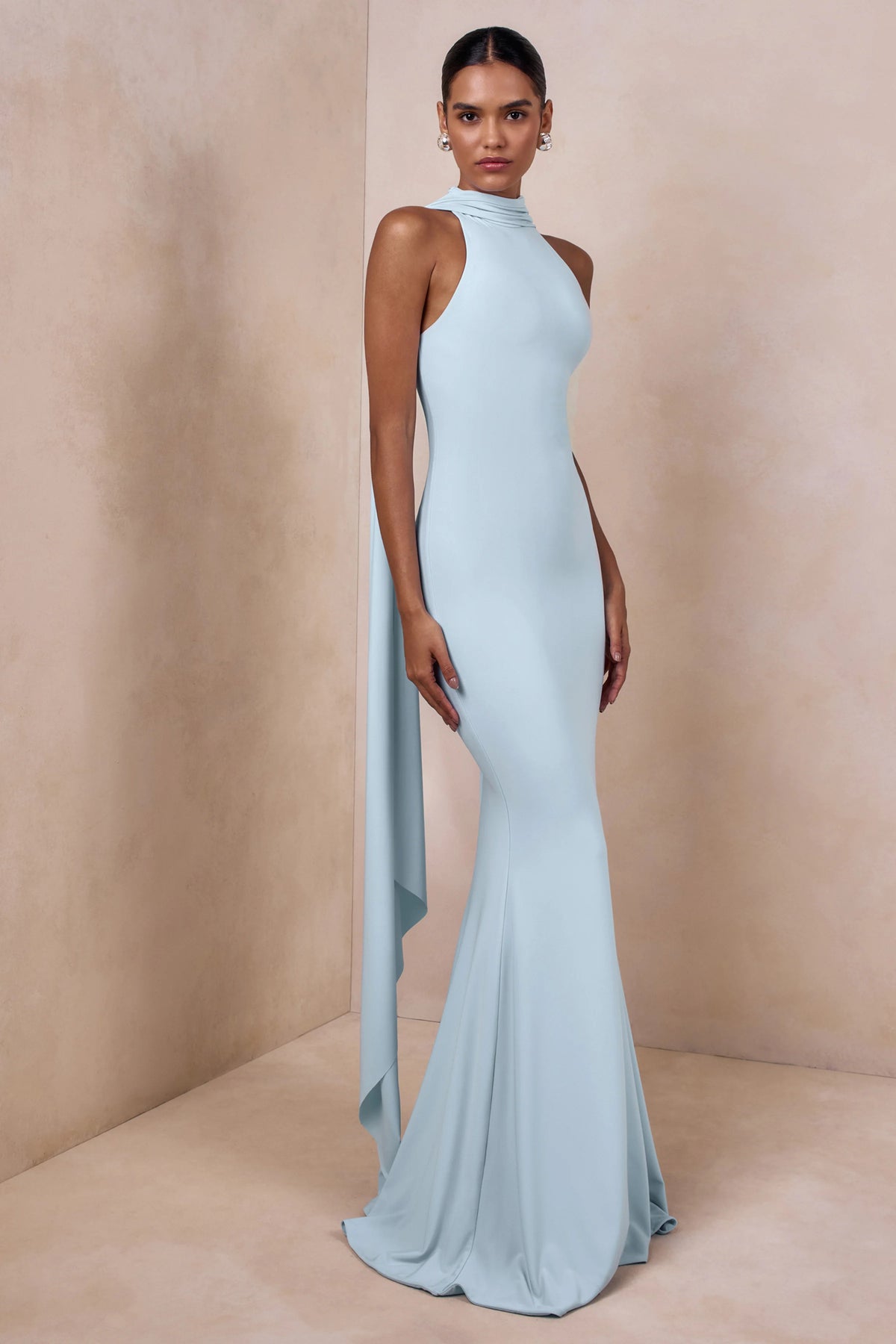 Cordy | Powder Blue High-Neck Maxi Dress With Cape