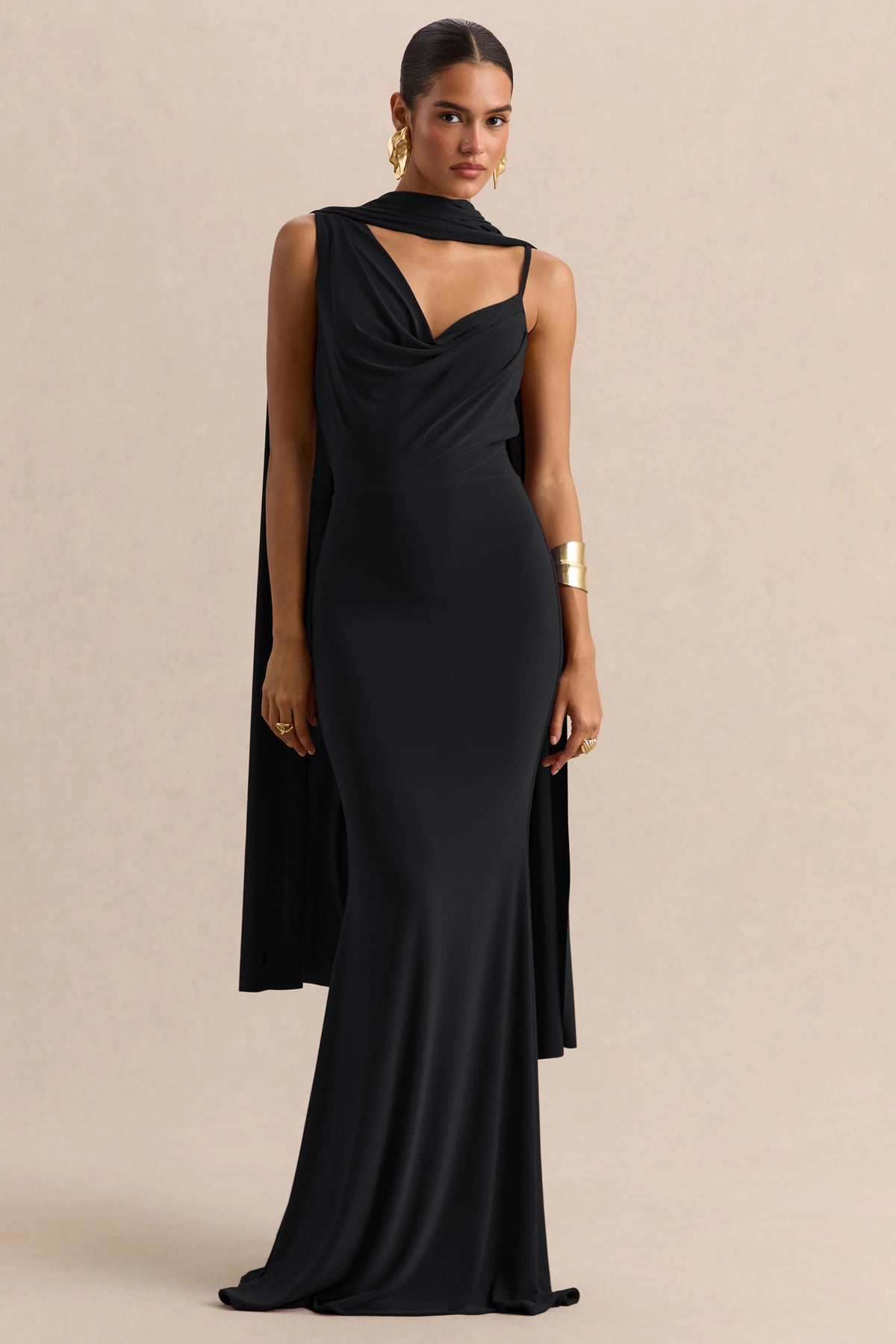 Armelia | Black Cowl-Neck Maxi Dress With Scarf-Detail