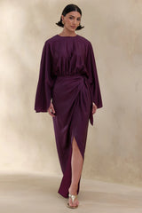 Delphina | Plum Satin Maxi Dress With Gathered And Knot-Detail
