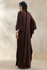 Lumisette | Brown Satin High-Neck Maxi Dress With Cape