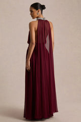 Marie | Burgundy Halter-Neck Maxi Dress With Embellished Detailing