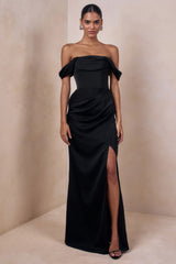 Celinea | Black Satin Bardot-Neck Maxi Dress With Front-High Split